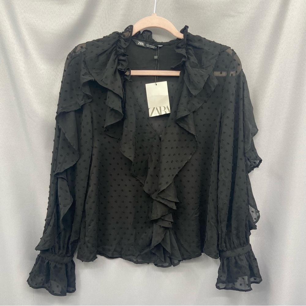 Zara Black Ruffled Swiss Dot Blouse